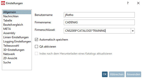 Dialogfenster Einstellungen