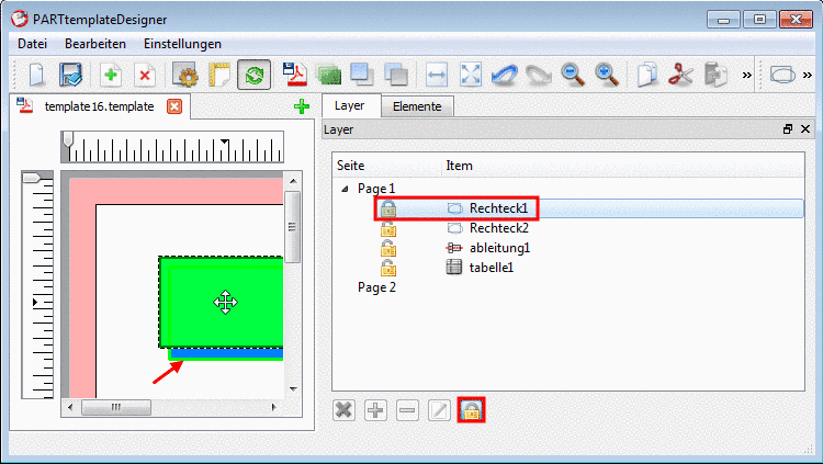 Hier ist das grüne Rechteck1 gesperrt. Wird der Cursor darübergeführt, reagiert das blaue dahinter liegende Rechteck2 (zu erkennen am hellgrünen Markierungsrahmen).