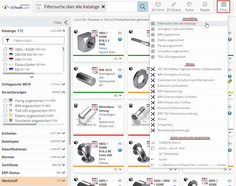 Die Abbildung zeigt beispielhaft die Ergebnisse bei "Filtersuche über alle Kataloge".Bei der Auswahl "Filtersuche über alle Kataloge" sind die Ergebnisse während des ersten Ladens völlig unspezifisch, hängen aber ab von der Einstellung unter $CADENAS_SETUP/partsol.cfg > FULLTEXTSEARCH > SimilarityFactor. Standardmäßig ist der Norm-Katalog priorisiert.