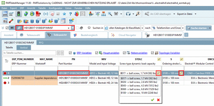 Aufruf Bauteilvergleich aus Detailansicht mittels Kontextmenü