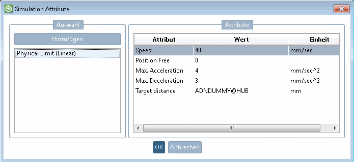 Dialog mit beispielhaften Werten