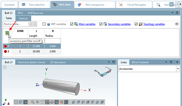 Zubehörteilfilter an/aus [accessory part filter on/off]
