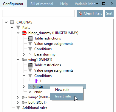 PARTdesigner > Dockingfenster "Konfigurator [Configurator]" > "Bedingungen [Conditions]" > "Regel einfügen [Insert rule]"