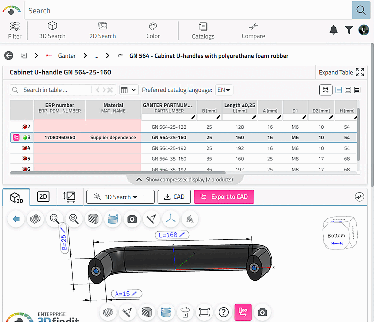 Bügelgriff mit Tabelle und 3D-Vorschau