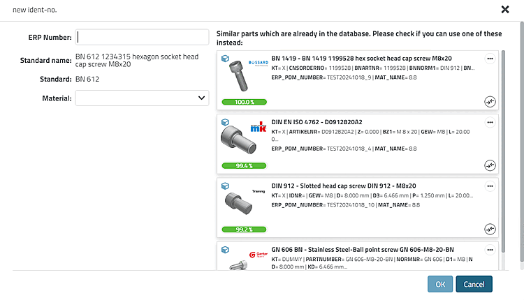 Hinweis im Dialog: Ähnliche Teile, die sich bereits in der Datenbank befinden. Bitte prüfen Sie, ob Sie stattdessen eines dieser Teile verwenden können [Similar parts which are already in the database. Please check if you can use one of these instead]
