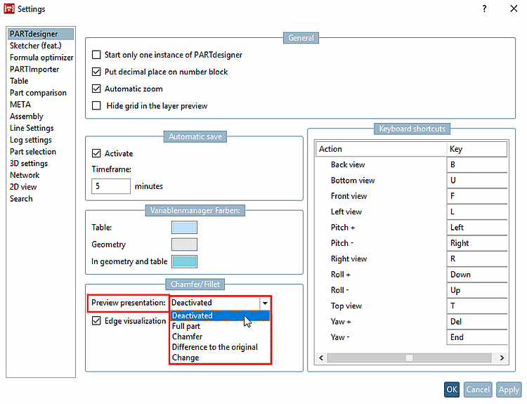 Einstellungsdialog öffnen via F10 oder alternativ via Extras Menü -> Einstellungen... [Settings...] -> PARTdesigner -> Fase/Rundung [Chamfer/Fillet] -> Vorschau Darstellung [Preview presentation]
