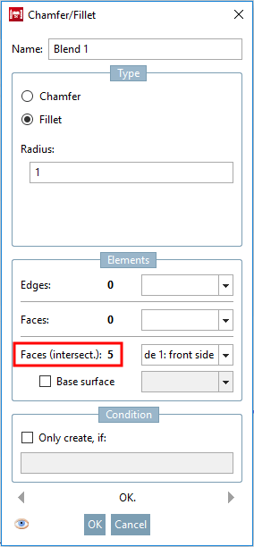 Unter "Flächen (schnitt.) [Faces (intersect.)]" Anzeige der 5 sich schneidenden Flächen