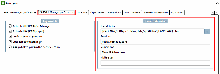 PARTlinkManager -> Extras Menü -> ERP-Umgebung konfigurieren [Configure ERP environment] -> Registerseite PARTdataManager Einstellungen [PARTdataManager preferences] -> E-Mail Benachrichtigung [e-mail notification]