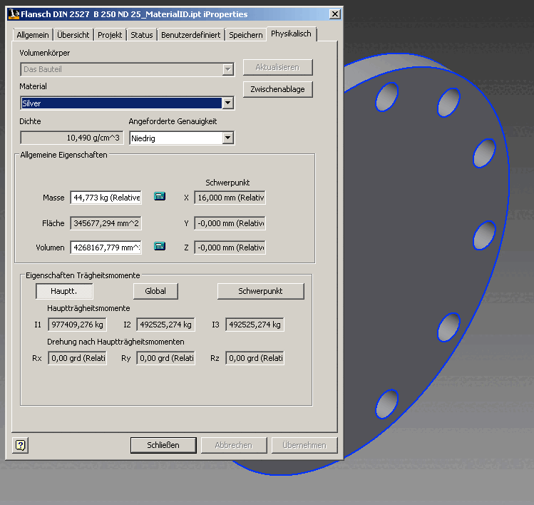 Inventor iProperties -> Registerseite "Physikalisch"