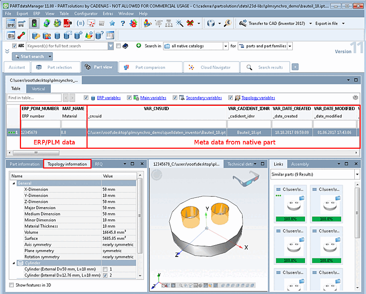 PARTdataManager Teileansicht [Part view] - Sachmerkmalstabelle mit Daten aus ERP/PLM und CAD