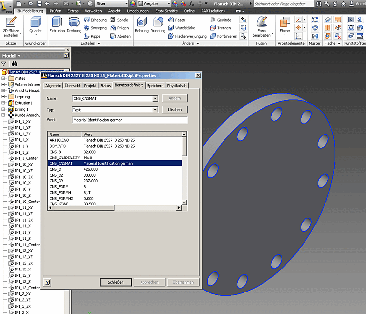 Inventor iProperties -> Registerseite "Benutzerdefiniert" -> CNS_CNSMAT