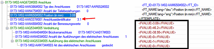 Eigenschaften Anschluss: Der Key AAM650 definiert Anschlussposition und Anschlussrichtung gem. ISO AXIS ID Datentyp Definition. Die Verknüpfung mit den logischen Anschlusseigenschaften erfolgt über den Anschlussidentifikator AAN337 (hier ID = 3:1).