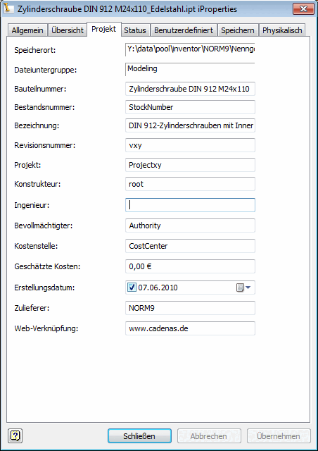 Bauteil -> iProperties -> Registerseite "Projekt"