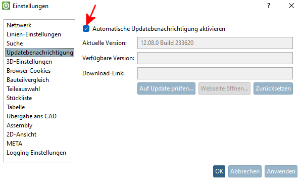 Option "Automatische Updatebenachrichtigung aktivieren [Activate automatic update notification]"
