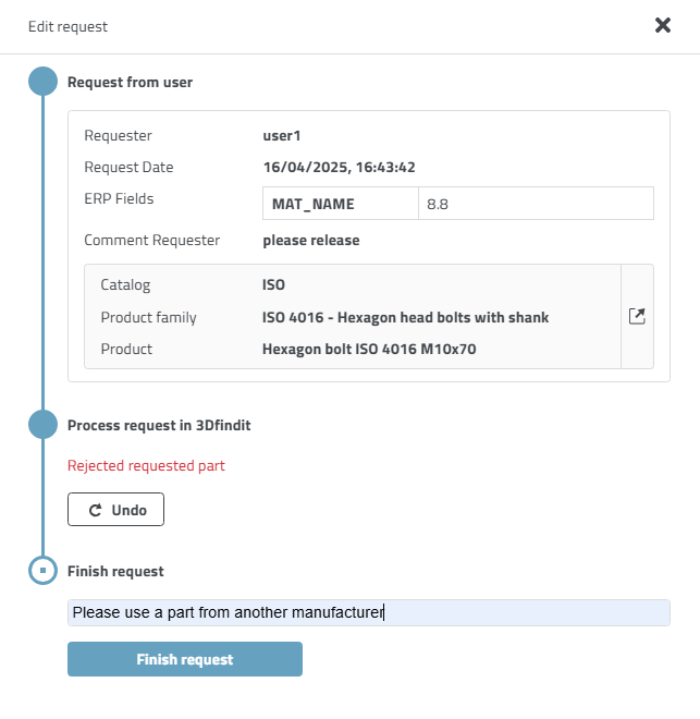 Dialog "Edit request" nach Klick auf "Reject"