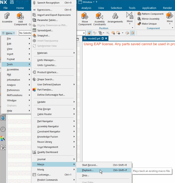Menu -> Tools -> Macro -> Playback...
