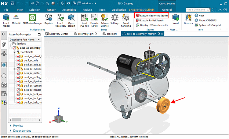 Aufruf "Geometrische Suche durchführen [Execute Geometric Search]" beispielhaft in NX