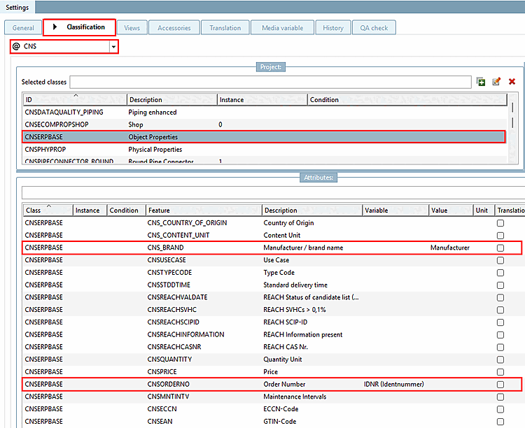 PARTproject > Einstellungen [Settings] > Registerseite "Klassifikation [Classification]" > Listenfeldauswahl "CNS" > CNSERPBASE > CNSORDERNO bzw. CNS_BRAND