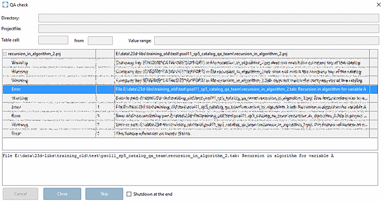 QA-Check [QA check] mit Fehler "Rekursion im Algorithmus"