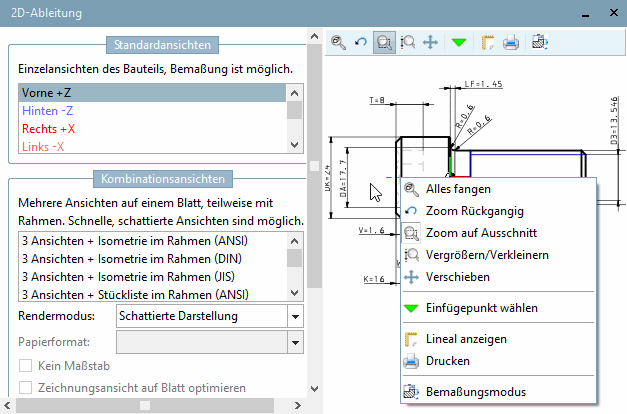 Kontextmenü: Einzelteil [Single part] - 2D-Ableitung [2D derivation]