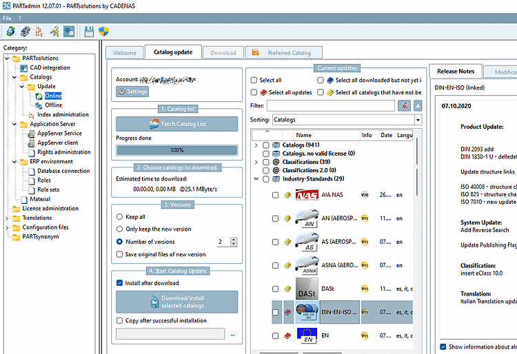 PARTadmin mit Dialogseite "Katalogaktualisierung [Catalog update]" -> "Online"