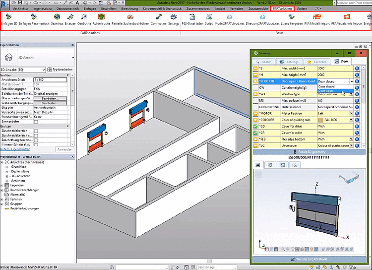 PARTsolutions-Menü in Revit, geöffnetes Seamless-Fenster mit Garagentor und im Gebäude platzierte Tore