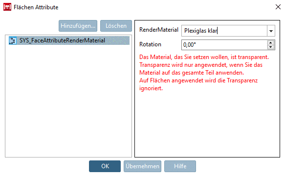 Wenn das Material des Teils anders gesetzt ist, dann wird Transparenz bei der Anwendung auf Flächen ignoriert.