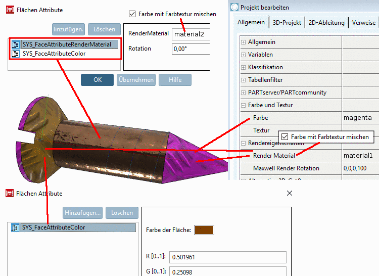 Komplexes Beispiel: Bei beiden verwendeten Materialien ist im Dialogfenster "Material für 3D-Voransicht editieren" die Option "Farbe mit Farbtextur mischen" gesetzt.