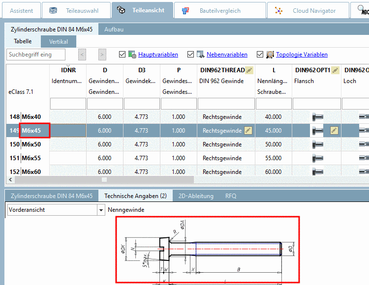 PARTdesigner mit Variable "VERS"- Beispiel: DIN 84 M6x45