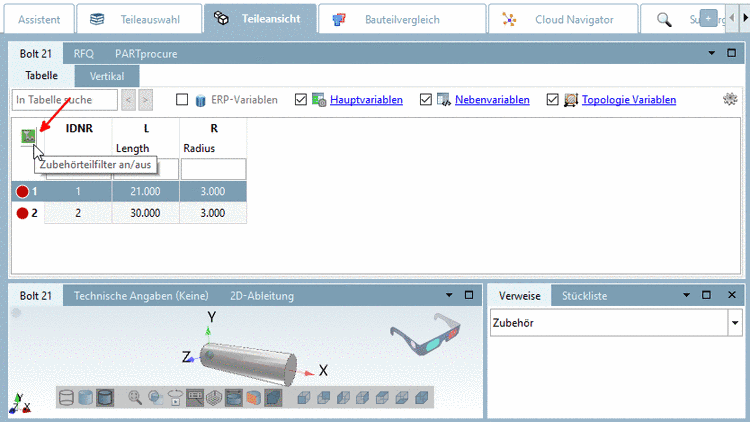 Zubehörteilfilter an/aus