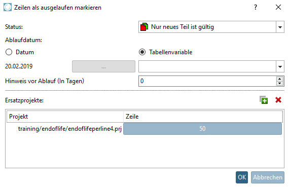 Dialogfenster "Zeilen als ausgelaufen markieren"