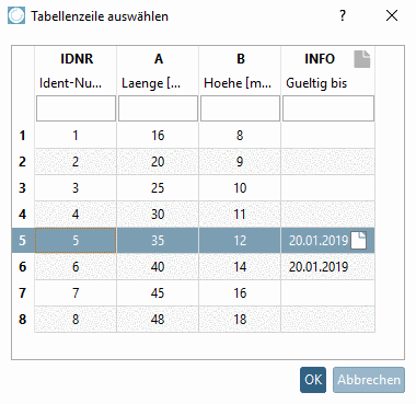 Dialogfenster "Tabellenzeile auswählen"
