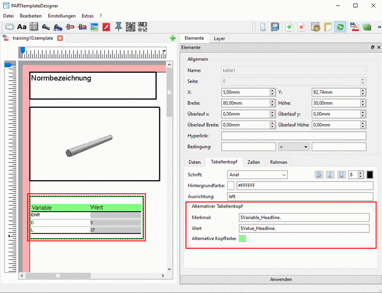 Beispiel "Alternativer Tabellenkopf": Für die Media Variablen sind HTML-Texte hinterlegt.