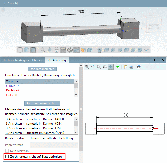 "Zeichnungsansicht auf Blatt optimieren" ("Verkürzte Ansicht") deaktiviert