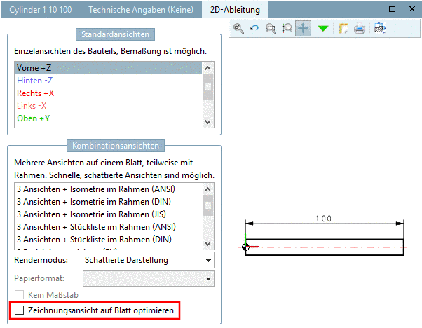 Zeichnungsansicht auf Blatt optimieren (Verkürzte Ansicht) ausgeschaltet