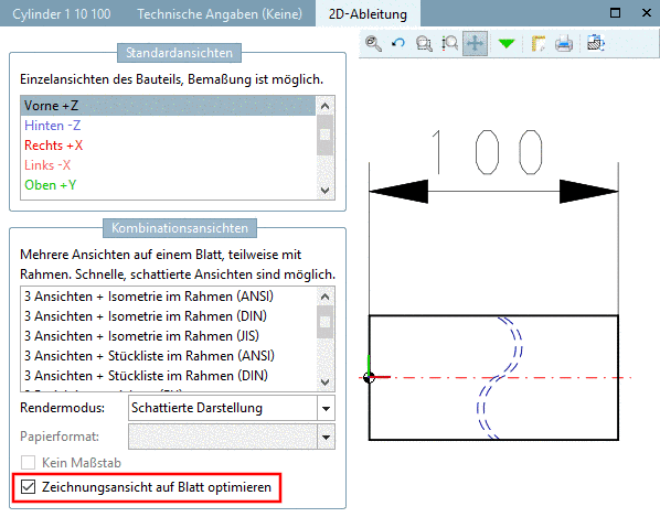 Zeichnungsansicht auf Blatt optimieren (Verkürzte Ansicht) eingeschaltet