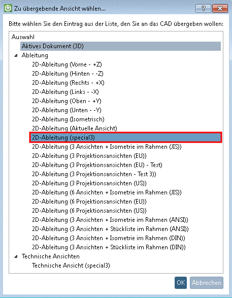 Dialogfenster "Zu übergebende Ansicht wählen..."