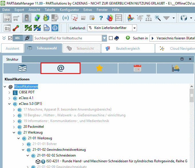 PARTdataManager: Als Alternative zu "Kataloge" ist hier die Kategorie "Klassifikationen" ausgewählt.