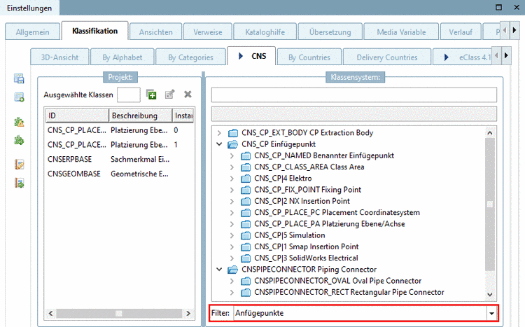 Klassen nach Selektion von "Anfügepunkte"
