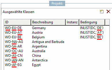 Beispiel: Bei Länderauswahl "Argentina" werden alle Tabellenzeilen angezeigt. Bei Länderauswahl "Germany" werden nur Tabellenzeilen angezeigt, die in der Spalte "DC" den Wert "DE" aufweisen.