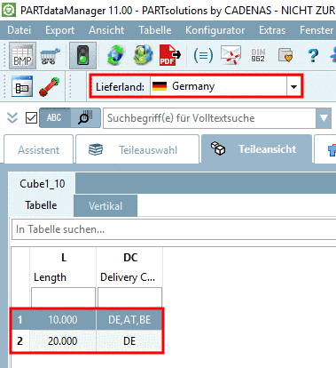 Lieferland "Germany": Es werden zwei Zeilen angezeigt.
