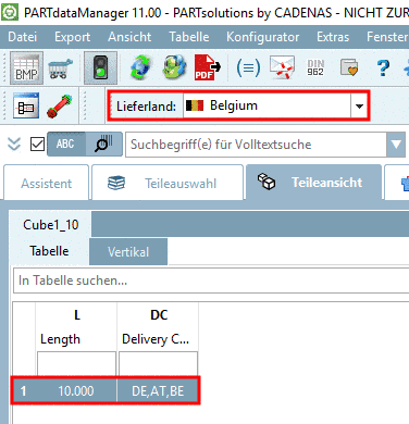 Lieferland "Belgium": Es wird nur eine Zeile angezeigt.