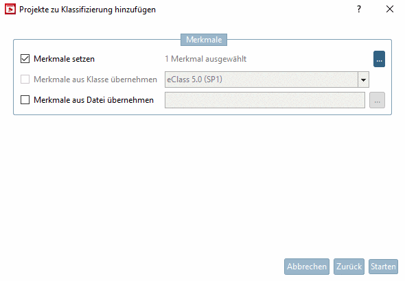 Dialogfenster "Projekte zu Klassifizierung hinzufügen" -> Dialogbereich "Merkmale"