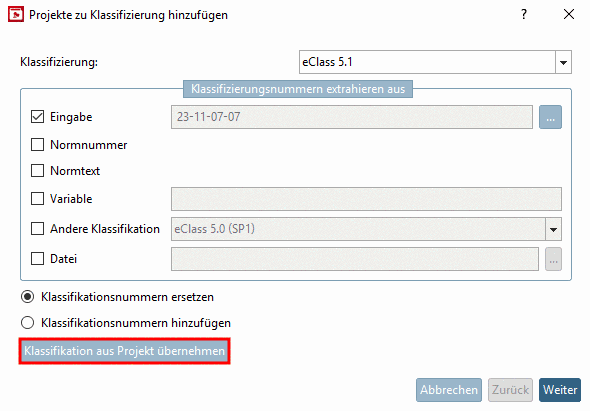 Klassifikation aus Projekt übernehmen