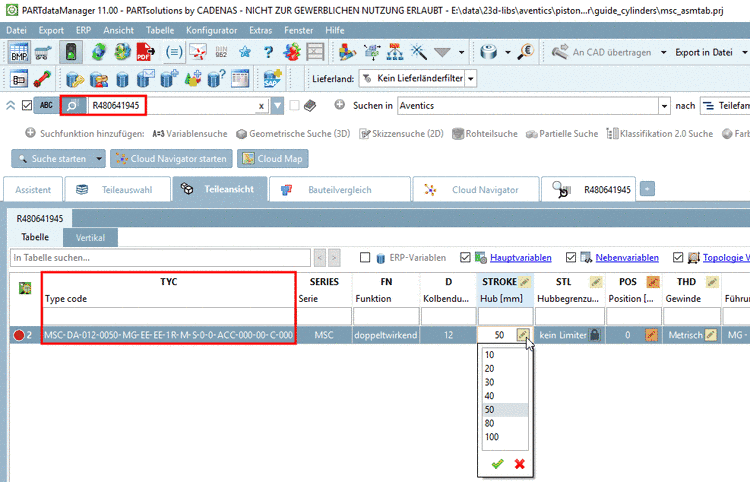 Beispiel: Suche mit Bestellnummer, in der Tabelle Anzeige des Typenschlüssels