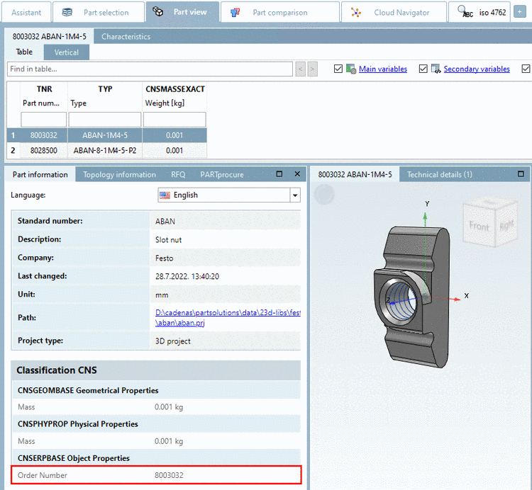 Beispielprojekt mit Bestellnummer ohne Wertebereiche (gelbe Felder)