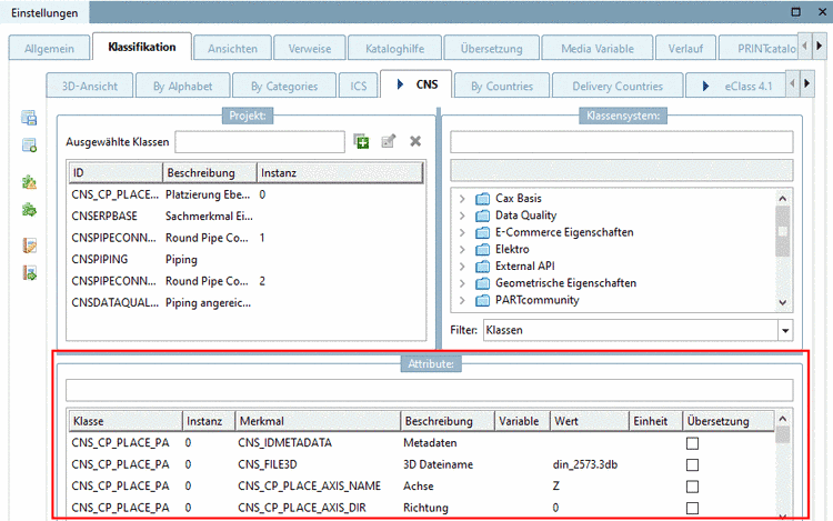 Einstellungen -> Registerseite Klassifikation -> CNS -> Dialogbereich Merkmale