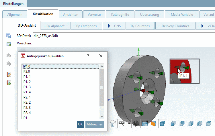 Anfügepunkt rot markiert nach Selektion im Dialog und Name im Tooltip bei Mouseover