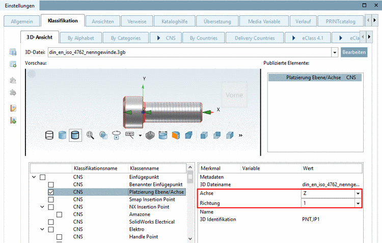 "Achse" und "Richtung" gesetzt