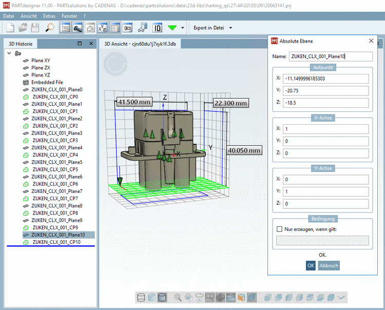 Der Aufpunkt der absoluten Ebene liegt in der linken, unteren, hinteren Ecke der Bounding Box